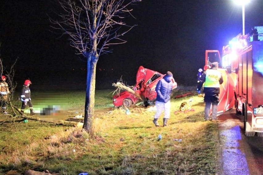 Tragiczny wypadek w Warszkowie 07.03.2020. Samochód wypadł z drogi. Zginęła młoda kobieta. Resztę pasażerów zabrano do szpitala [ZDJĘCIA] 