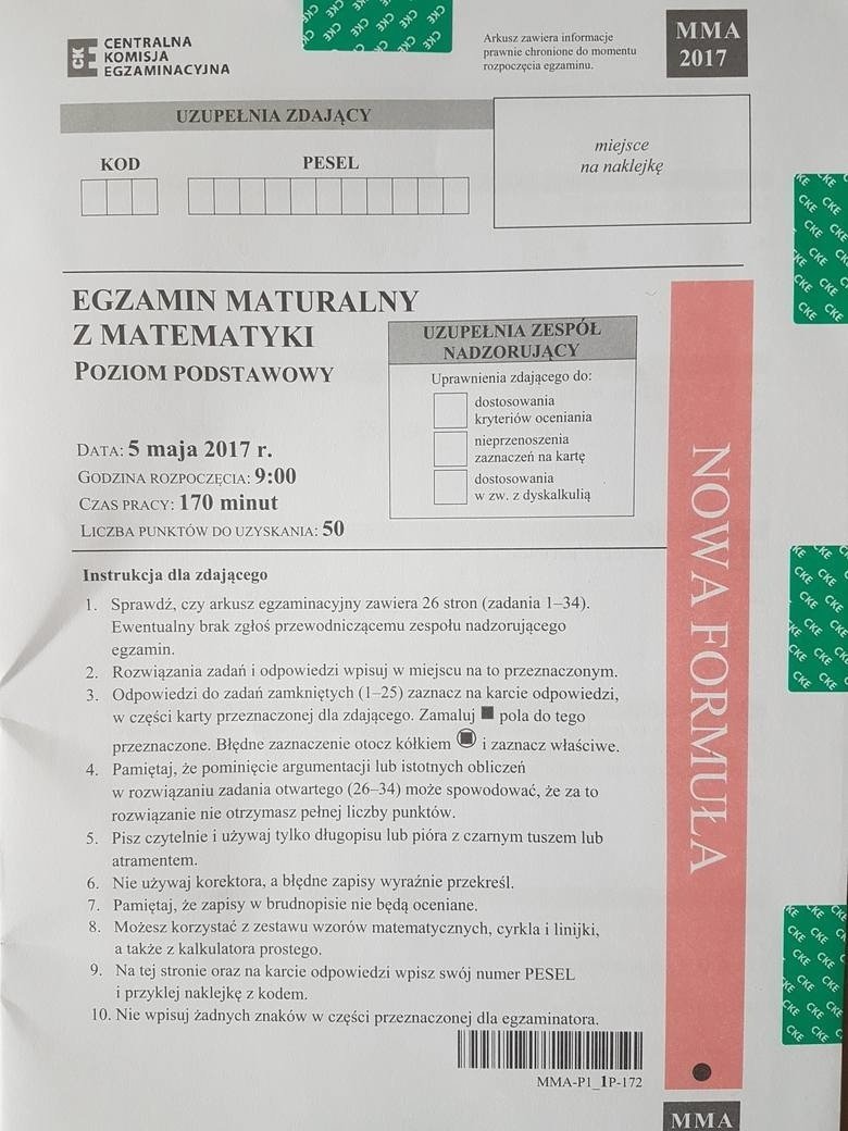 Matura 2017. ODPOWIEDZI - matematyka poziom podstawowy [ROZWIĄZANIA