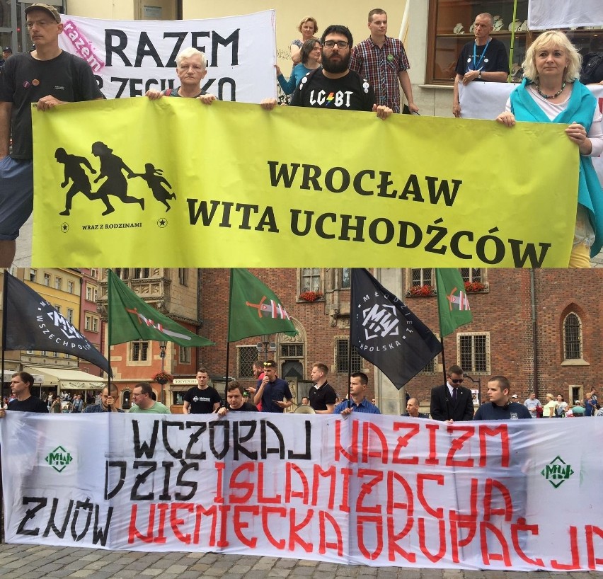 Protesty we Wrocławiu: "Wczoraj nazizm, dziś islamizacja" oraz "Wrocław wita uchodźców" [ZDJĘCIA]