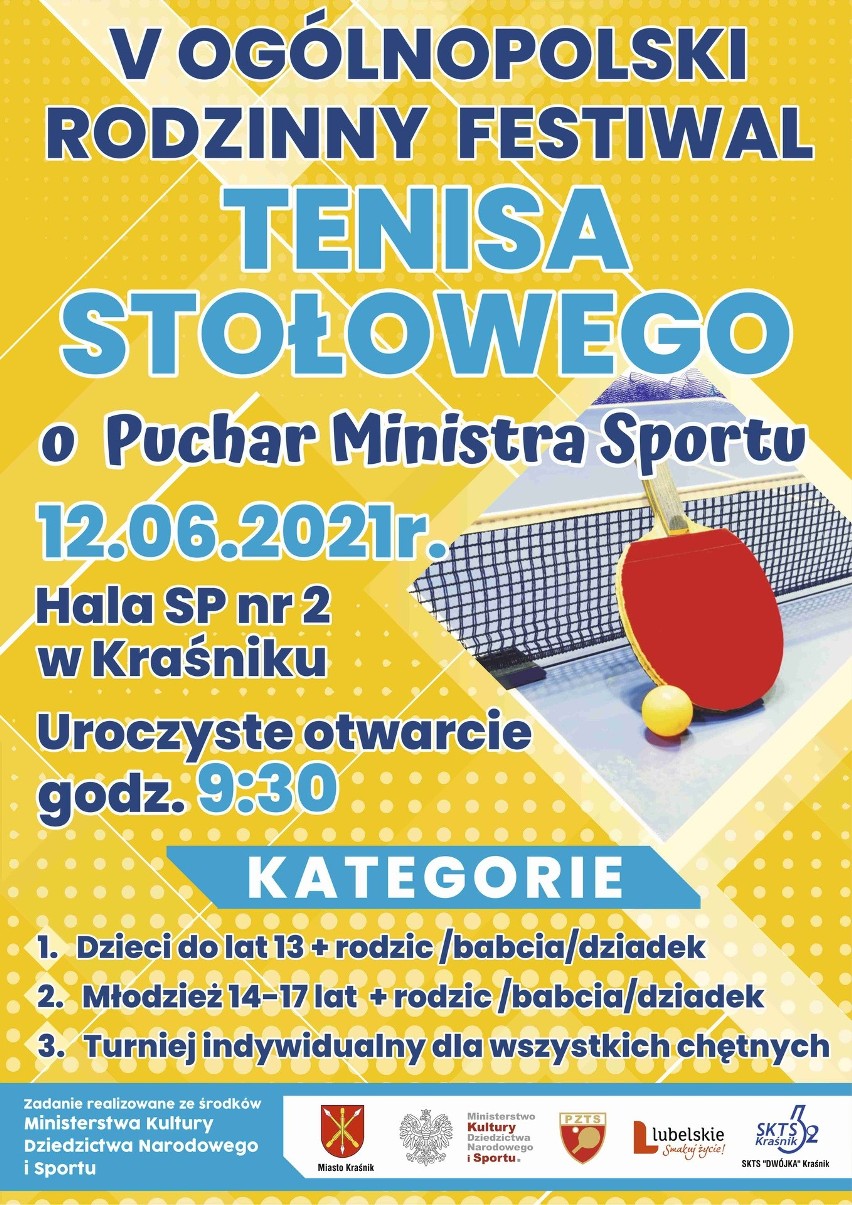 V Ogólnopolski Rodzinny Festiwal Tenisa Stołowego o Puchar Ministra Sportu odbędzie się w Kraśniku