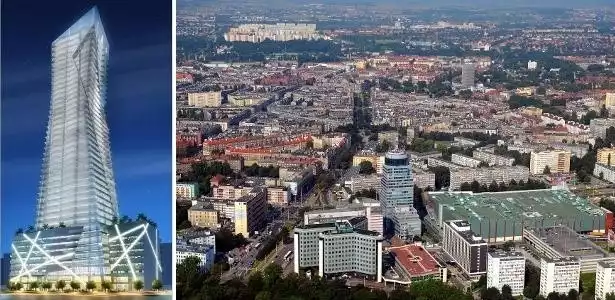 Z lewej: wizualizacja budynku, który stanie w miejscu Cezasu i obecnego parkingu. Z prawej: panorama Szczecina. W 2017 roku budynek PŻM przestanie być najwyższym budynkiem Szczecina wybudowanym po 1989 roku.