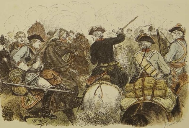Na barwnym drzeworycie z 1880 r. wojska austriackie zmagają się z wojskami pruskimi, dowodzonymi przez Fryderyka II.
