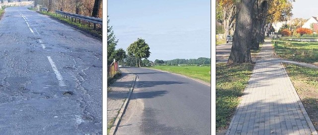 Na zdjęciach: droga w Morzycy przed remontem, wyremontowany odcinek Strzebielewo-Przewłoki oraz nowy chodnik w Dolicach.