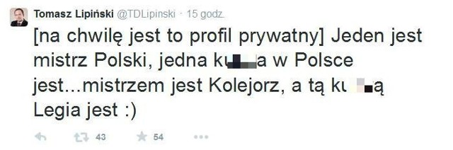 Kontrowersyjny wpis radnego PO na Twitterze: Legia ku..ą jest