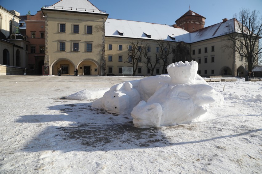 Kraków. Na Wawelu pojawił się spory smok zrobiony ze śniegu