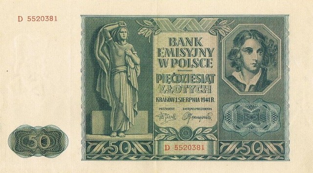 Emitowany przez władze okupacyjne banknot pięćdziesięciozłotowy.