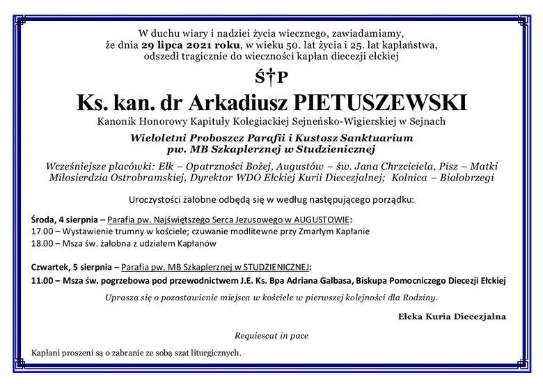 Pogrzeb księdza Arkadiusza Pietuszewskiego w czwartek. Duchowny zginął w tragicznym wypadku na DK 8 [ZDJĘCIA]