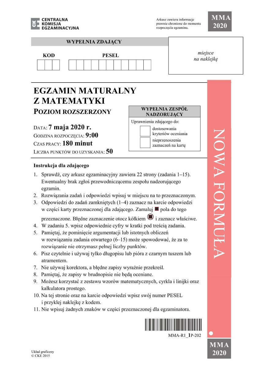 Odpowiedzi i arkusz CKE matury 2020 z matematyki...