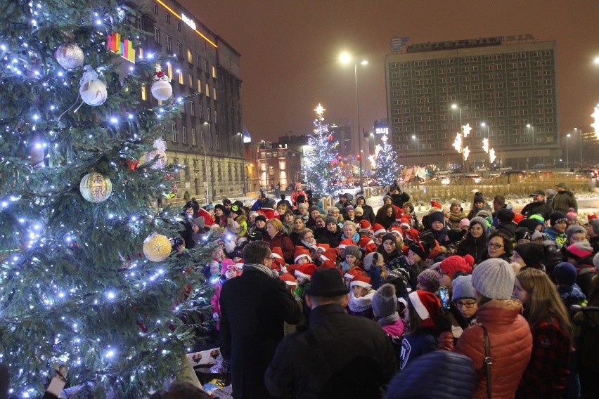 Lampki na bożonarodzeniowej choince w Katwicach już świecą....