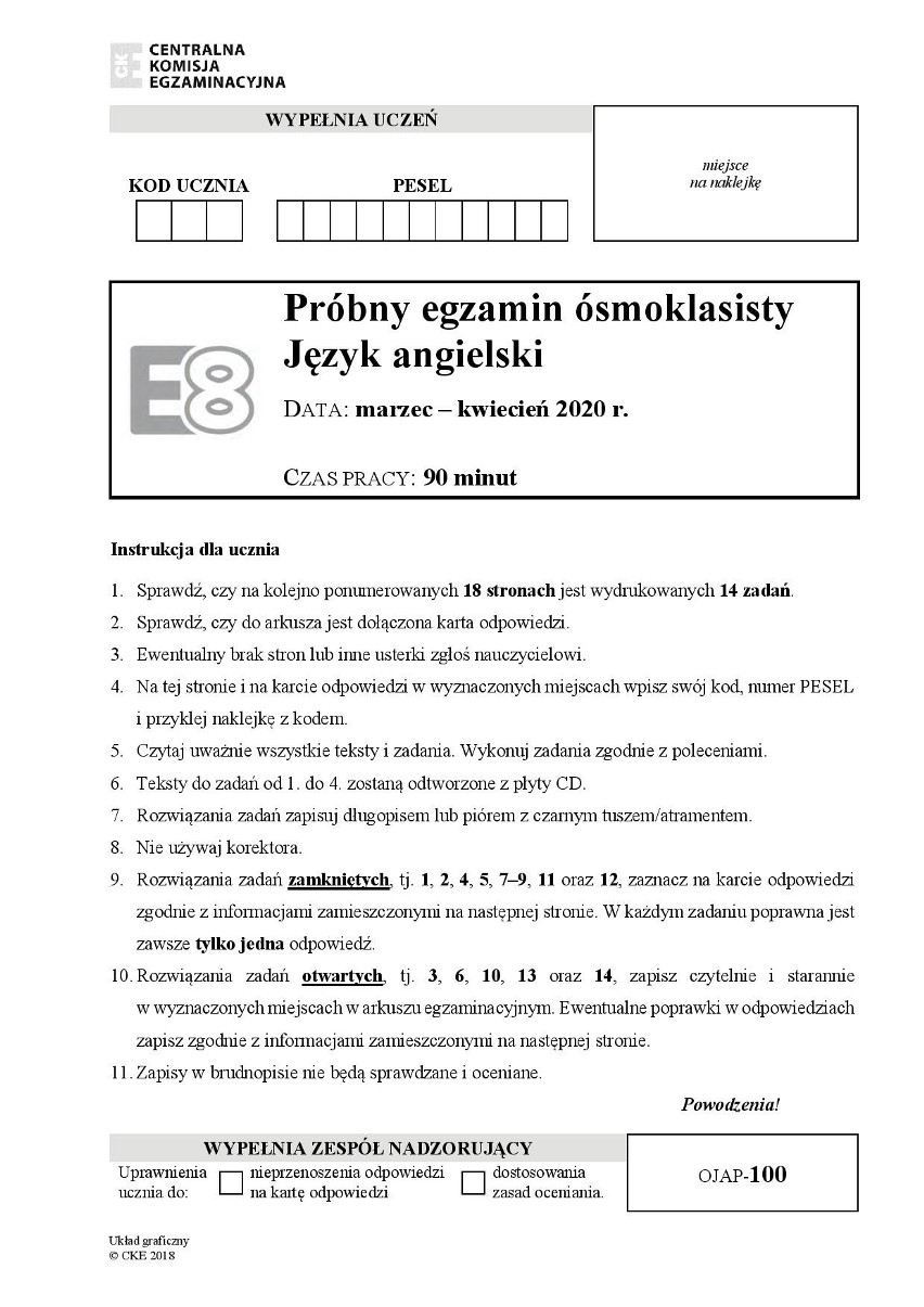 Próbny egzamin ósmoklasisty 2020: Język angielski - odpowiedzi do arkusza z zadaniami CKE