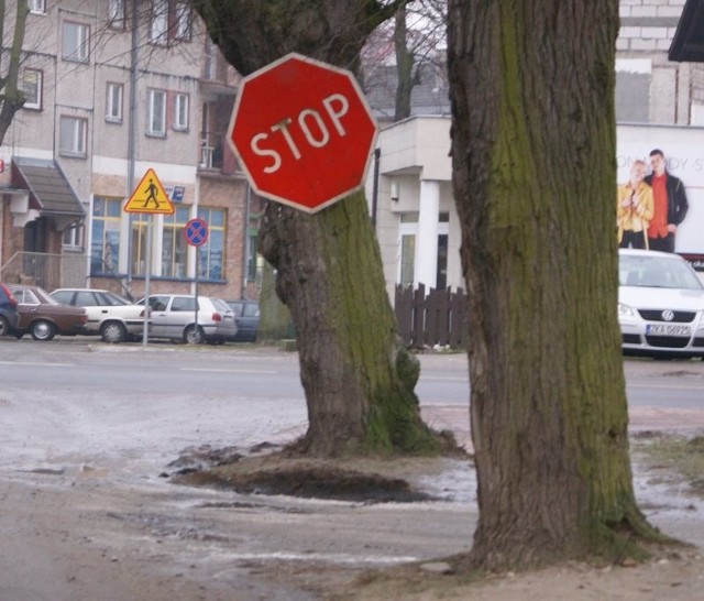 Przy ul. Polnej znak &#8222;Stop&#8221; wisi na drzewie przynajmniej od tygodnia.