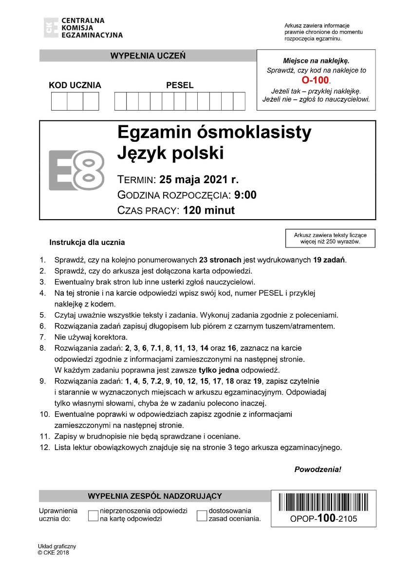 EGZAMIN ósmoklasisty 2021 polski ARKUSZ + ODPOWIEDZI. "Pan Tadeusz" na  egzaminie ósmoklasisty z j. polskiego | Gazeta Krakowska