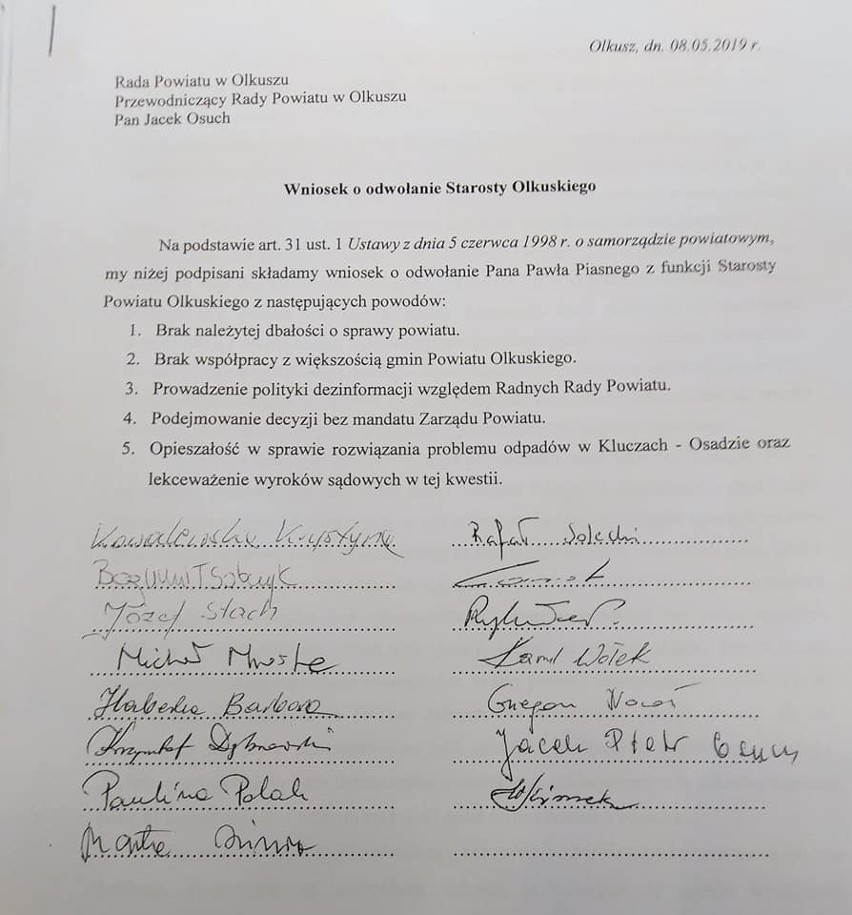 Czy starosta powiatu olkuskiego Paweł Piasny zostanie odwołany ze swojej funkcji?