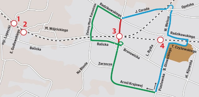 1 - brak przejazdu do 6 lutego 2017 r.2 - brak przejazdu od 6 lutego do 1 października 2017 r.3 - brak przejazdu od 3 do 12 lutego 2017 r.4 - brak przejazdu od 5 stycznia 2017 r. do 30 maja 2018 r. Kolor czerwony to wyłączony z ruchu odcinek ul. Armii Krajowej. Kolory zielony i niebieski - możliwe trasy objazdowe.