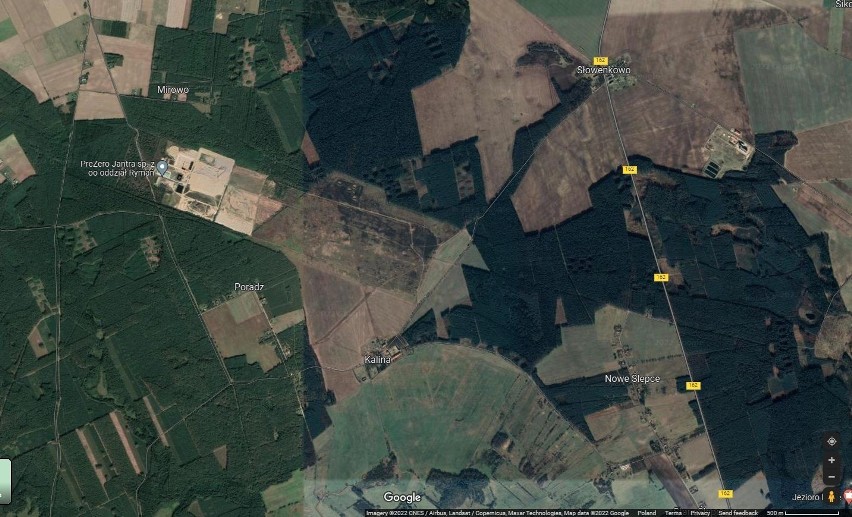 Zdjęcie satelitarne okolic Kaliny i Poradza koło Sławoborza,...