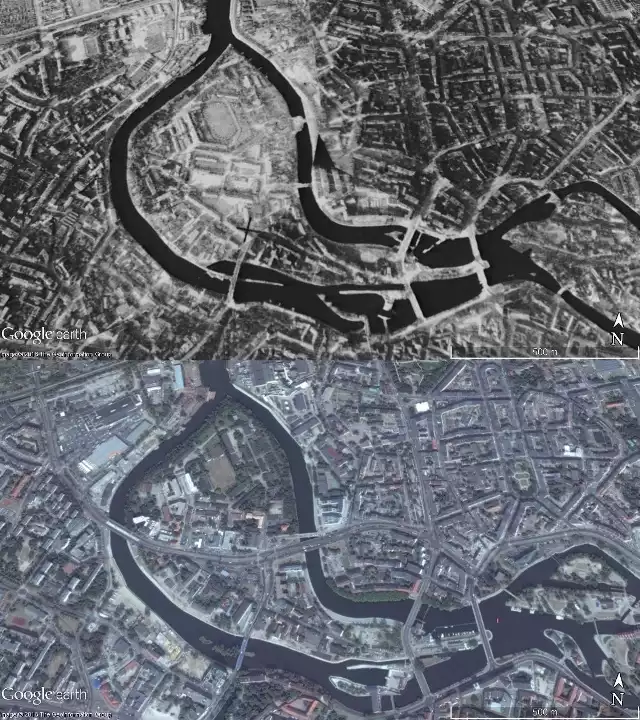 Porównaj, jak wyglądał Wrocław w 1943 roku i jak wygląda współcześnie. Zestawiliśmy ze sobą zdjęcia lotnicze tych samych miejsc, jeszcze w czasie wojny i po ponad 70 latach. Wyspy odrzańskie były ze sobą połączone, na Kępie Mieszczańskiej nie było dzisiejszej ul. Dmowskiego, bardzo zmieniły się też okolice Rynku, ronda Powstańców Śląskich czy też ul. Grabiszyńskiej.Na tym zdjęciu Kępa Mieszczańska. W 1943 roku nie było jeszcze ul. Dmowskiego i Długiej oraz m. Dmowskiego: osi łączącej dzisiejsze Popowice ze Śródmieściem.Kolejne zdjęcia zobaczysz na następnych slajdach - obejrzyj je, korzystając z klawiszy strzałek na klawiaturze lub z myszki