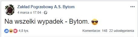 Facebookowe konto "Zakład Pogrzebowy A.S. Bytom" znane jest...