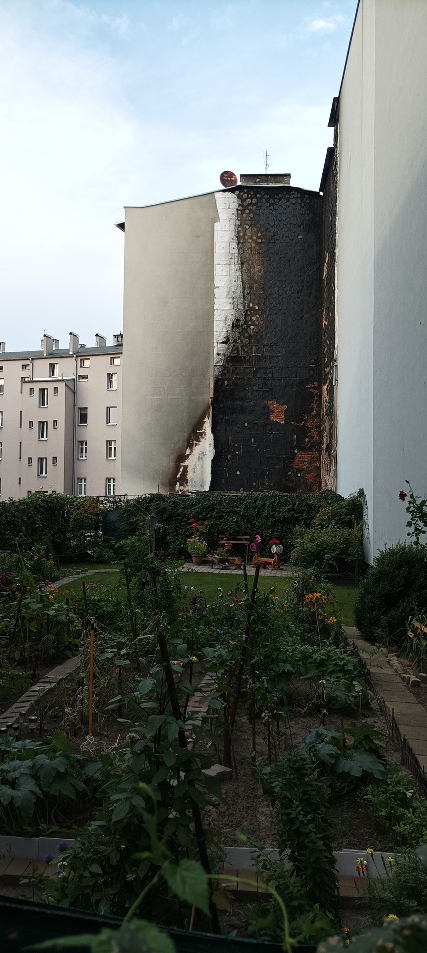 Pożar kamienicy przy ulicy Franciszkańskiej w Gliwicach. Ogień przeniósł się na budynek z płonącej wiaty śmietnikowej