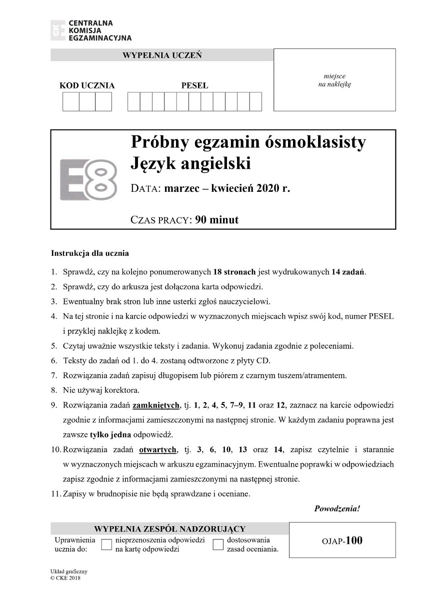 Próbny egzamin ósmoklasisty 2020 JĘZYK ANGIELSKI. Arkusz zadań w serwisie EDUKACJA