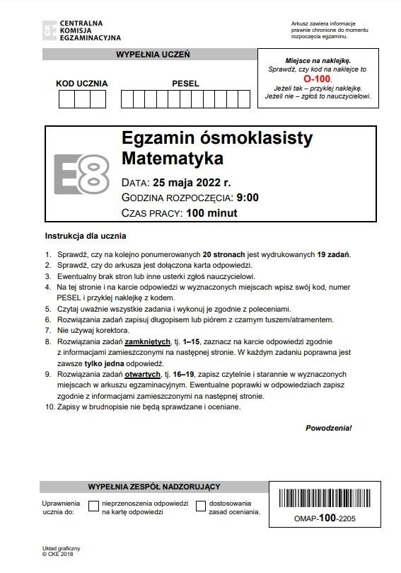 Egzamin ósmoklasisty 2022: Matematyka. Arkusz CKE,...