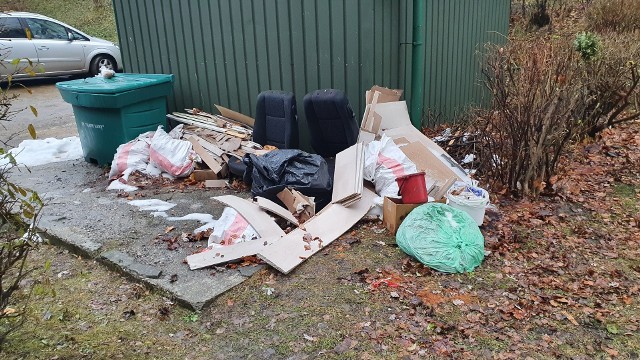 Odpady pozostawione obok wiaty śmietnikowej przy ulicy Złotych Kłosów 56 w bielskim osiedlu Złote Łany
