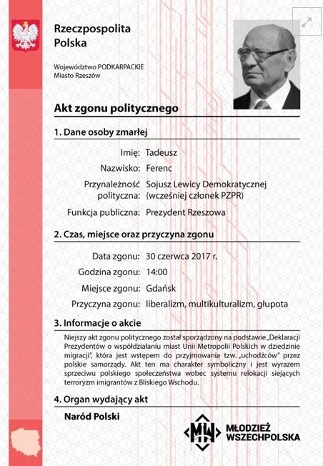 Młodzież Wszechpolska wystawiła akt zgonu politycznego Tadeusza Truskolaskiego