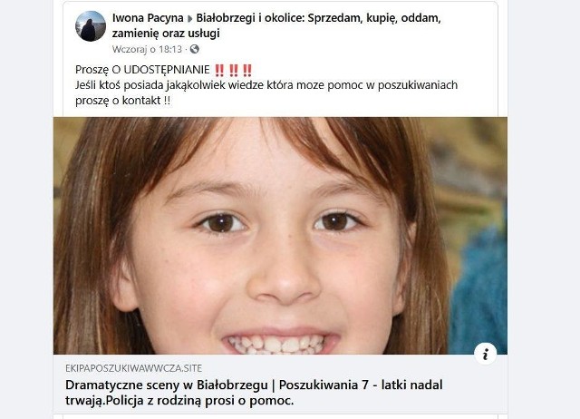 Informacja o poszukiwaniach siedmiolatki krąży w internecie.