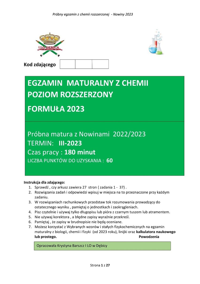 Próbna matura 2023 - Chemia poziom rozszerzony - ARKUSZE