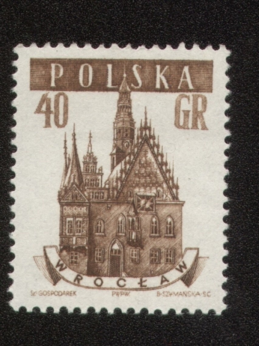Wrocławski ratusz na starym znaczku pocztowym....