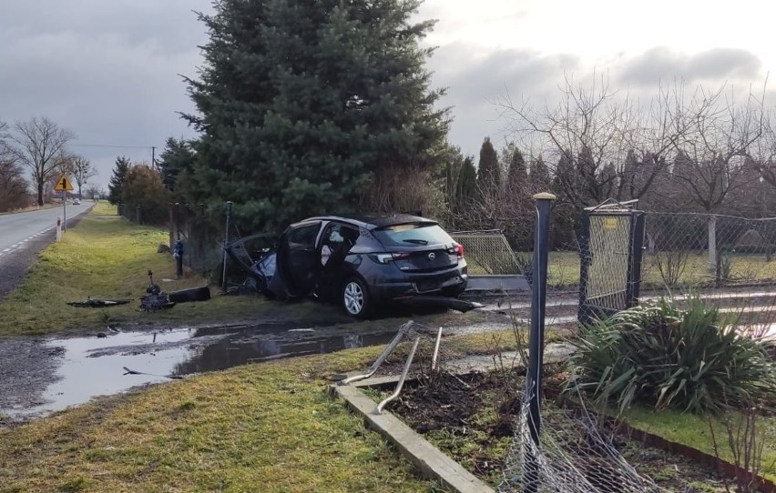 Samochód po zderzeniu czołowym wylądował na ogrodzeniu