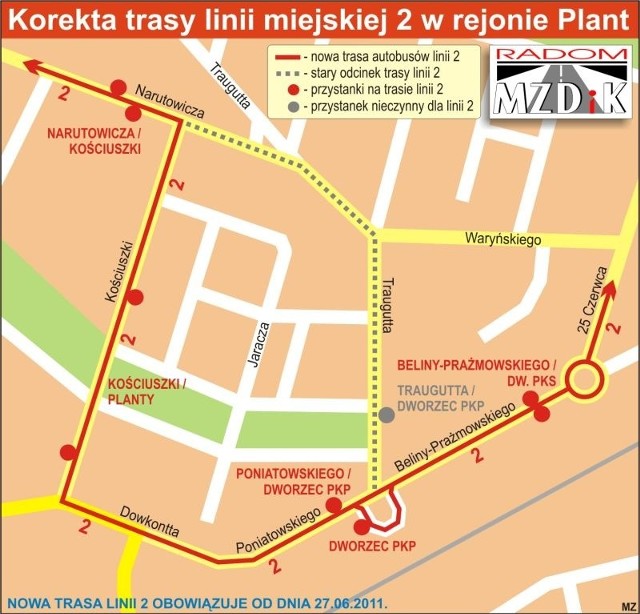 Korekta trasy linii miejskiej 2 w rejonie Plant.