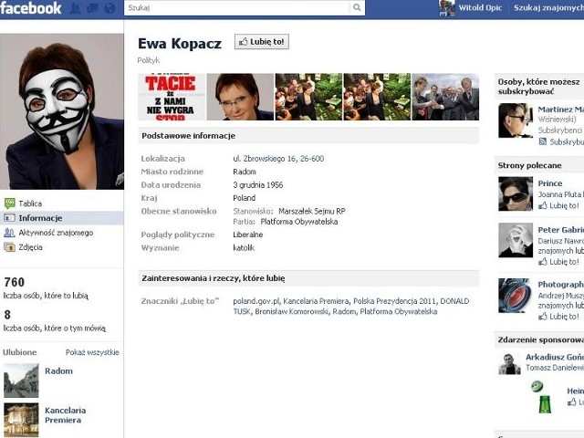 Profil Marszałek Sejmu Ewy Kopacz na Facebooku