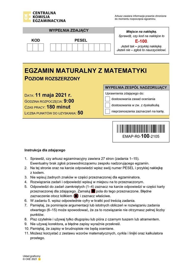 Matura 2021. Matematyka rozszerzona, arkusze CKE, pytania, odpowiedzi, rozwiązania. Co będzie na maturze z matematyki? 11.05.2021