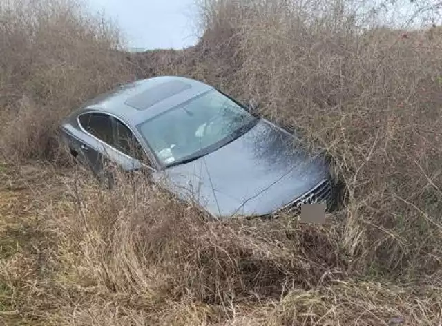 Uszkodzone audi zostało porzucone w rowie na trasie Bielawy- Anieliny