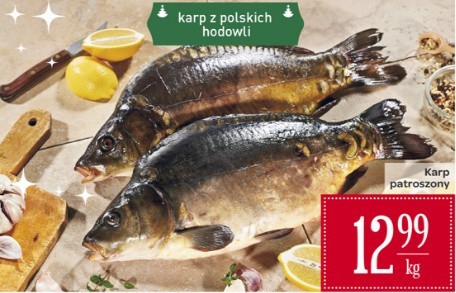 CENY KARPIA 2016: CARREFOURZa 1 kg wypatroszonego karpia pochodzącego z polskiej hodowli w sklepach sieci Carrefour trzeba zapłacić 12,99 zł.