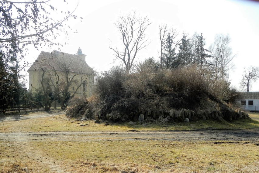 Kurhan w Łąsku Wielkim. W tle kościół parafialny św. Anny