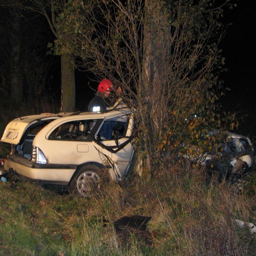Mercedes uderzył w drzewo. Dwie osoby nie żyją, a trzecia została przewieziona do szpitala.