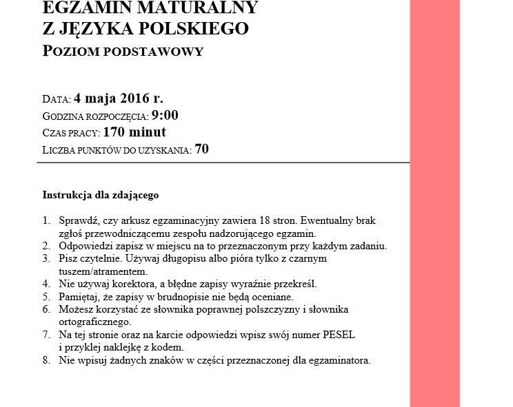 MATURA 2016 POLSKI PODSTAWOWY I ROZSZERZONY ARKUSZE CKE,...