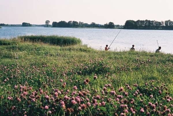 Jezioro za wyjątkiem poludniowego konca otoczone polami i...