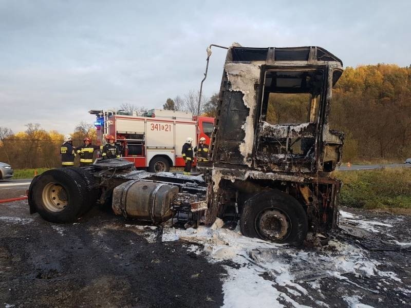 Wronowice. Strażacy gasili pożar ciągnika siodłowego, którym kierował obywatel Rosji [ZDJĘCIA]