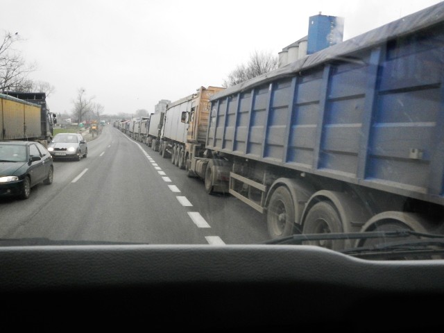 Tak wygląda wjazd do Kruszwicy drogą krajową nr 62, gdy przed Zakładami Tłuszczowymi i cukrownią na swoją kolej oczekują ciężarówki. Na szczęście powstanie obwodnica.