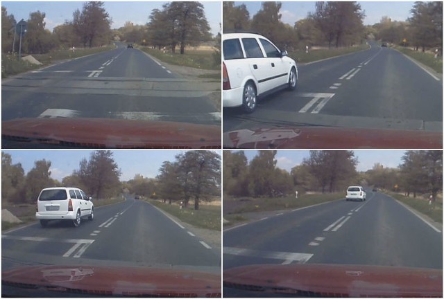Na filmie internauty widać jak opel ignoruje znak Stopu i przejeżdża nie zwalniając na przejeździe kolejowym.