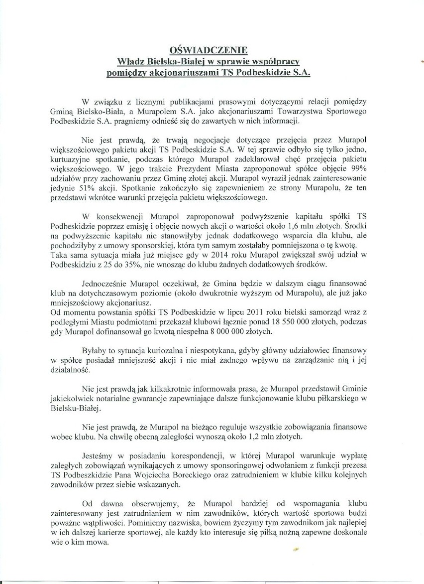 Oświadczenie władz Bielska-Białej