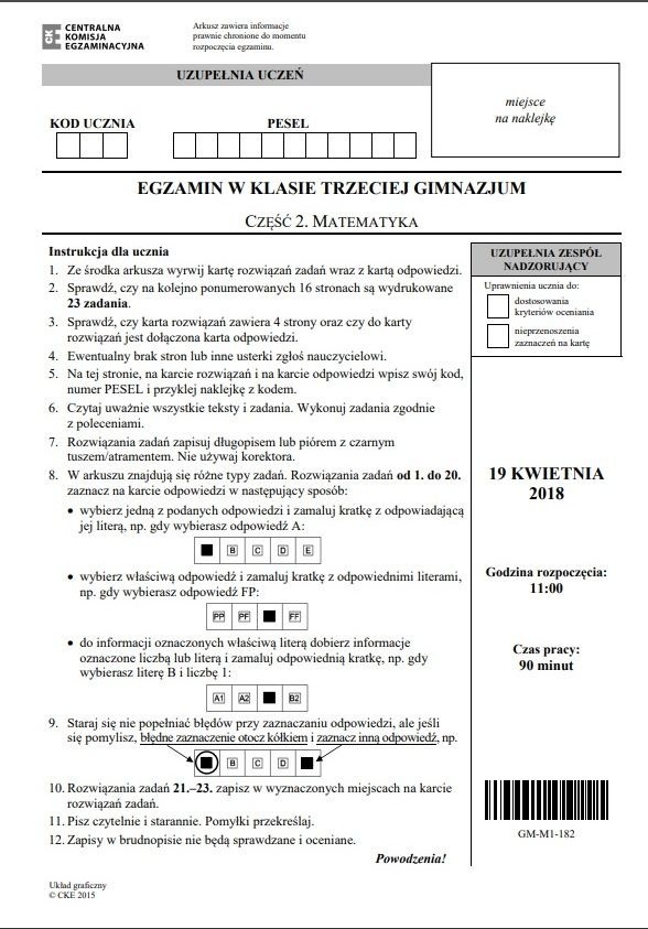 EGZAMIN GIMNAZJALNY 2018 Matematyka odpowiedzi, rozwiązania, test 19.04 -  ARKUSZ CKE - Co było na egzaminie? ARKUSZE | Głos Koszaliński