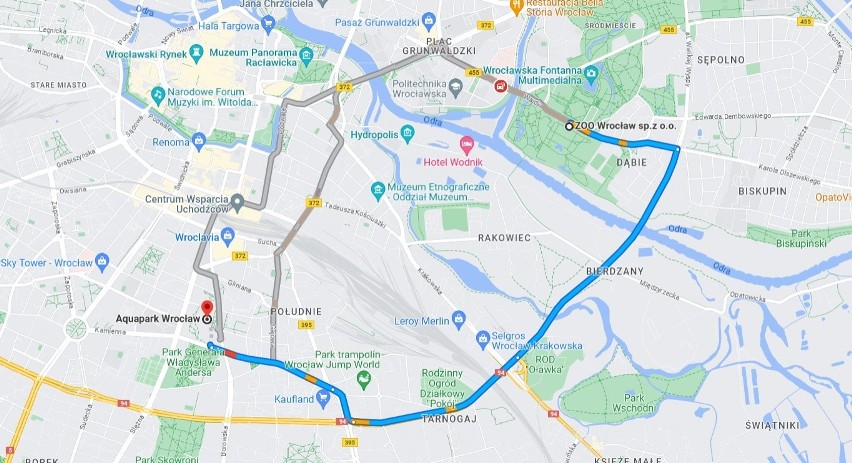 Google Maps prowadzi do Wroclavii z ZOO przez drogę, której...