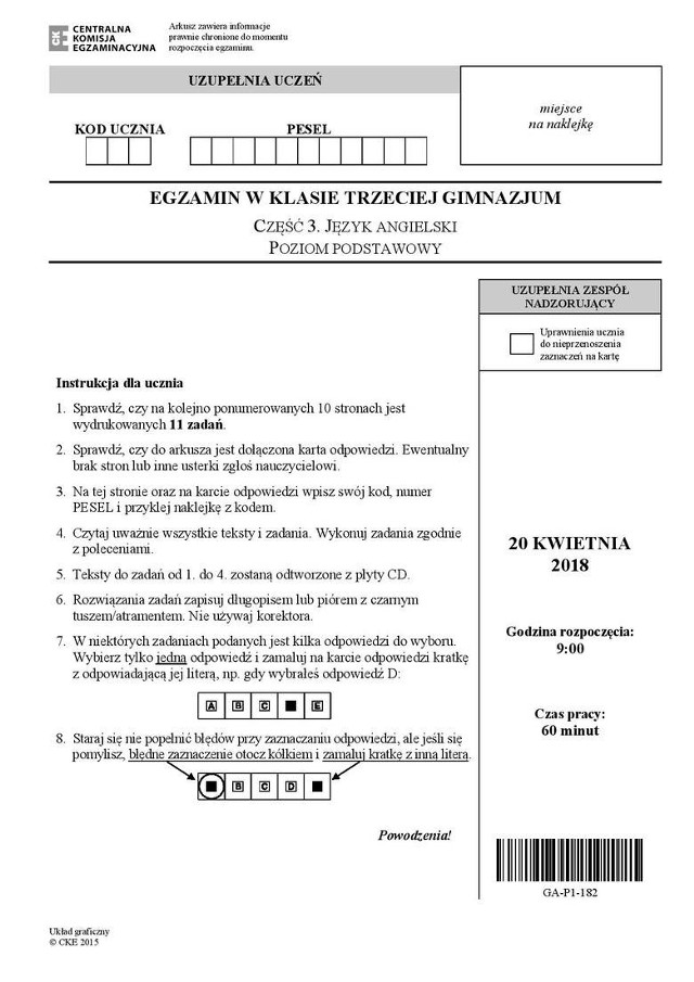 Test z języka angielskiego poziom podstawowy na egzaminie gimnazjalnym 2018