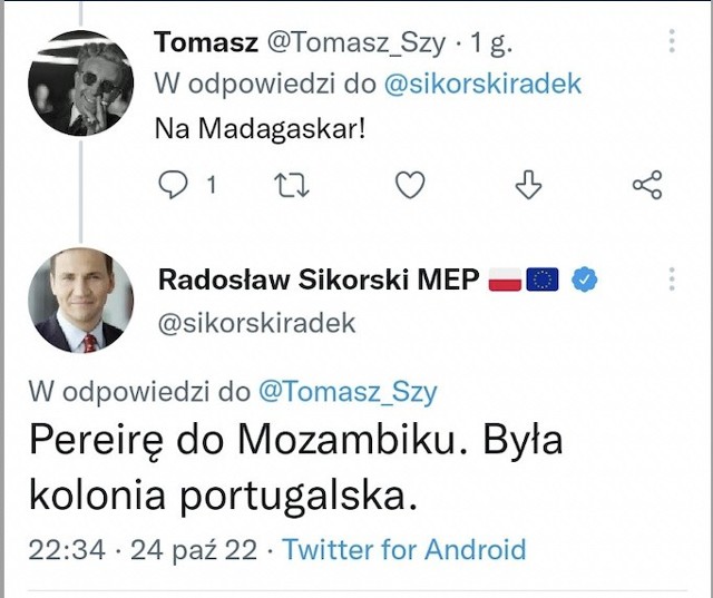 Radosław Sikorski zamieścił na Twitterze ankietę z pytaniem, gdzie można wysłać kilka osób, m.in. Samuela Pereirę