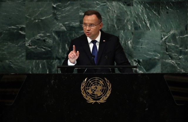 Prezydent Andrzej Duda wygłaszający przemówienie podczas 77. sesji Zgromadzenia Ogólnego ONZ