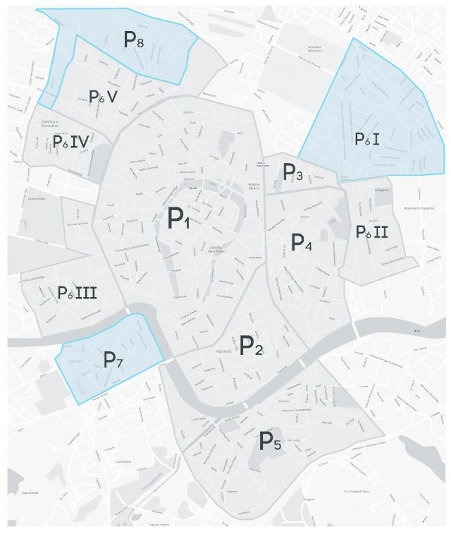 Niebieskim kolorem oznaczono nowe obszary strefy: P7 - Dębniki, P61 - dodadkowa część Grzegórzek,  P8 - nowa część Krowodrzy.