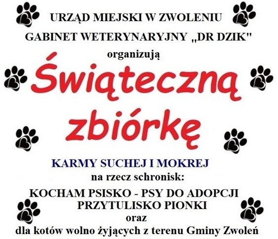 Świąteczna zbiórka karmy dla psów i kotów na terenie Zwolenia